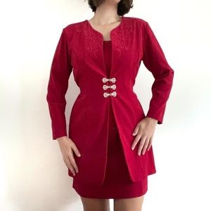 Red velvet vintage corset dress with built in jacket and silver hardware clasps